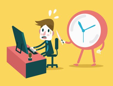 Businessman working in the deadline time with clock threaten. clipart