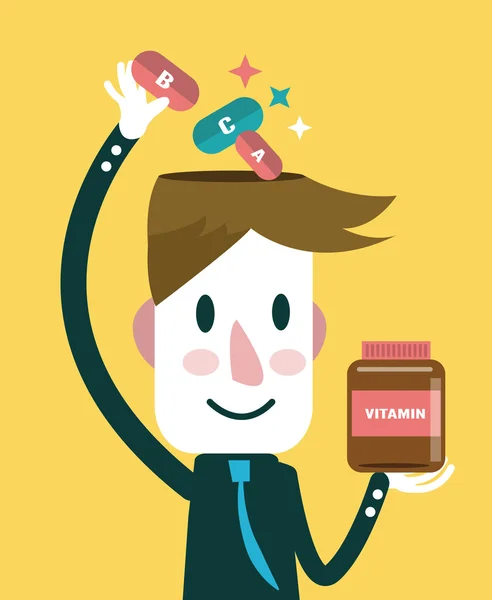 Empresario poniendo vitaminas en su cabeza . — Archivo Imágenes Vectoriales
