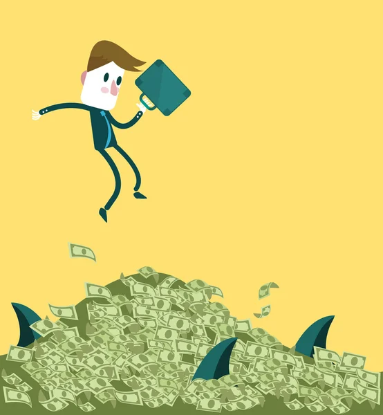 Businessman jumping to the big dollar pile and sharks all around. — Stock Vector