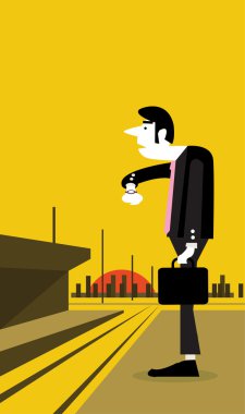 Watch arıyor ve bir tren istasyonunda duran işadamı.