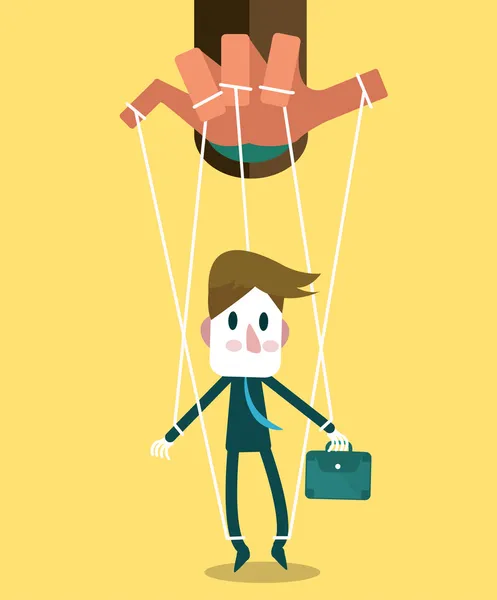 Businessman marionette on ropes controlled hand. — Stock Vector