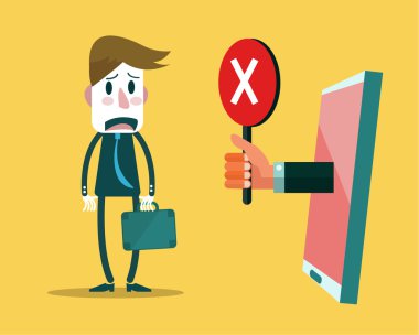 Akıllı aygıt gösterilen kırmızı çarpı işareti ile Sad işadamı.