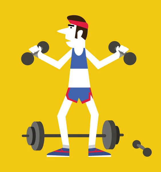 Retro man holding dumbbells and squats. — Stock Vector