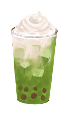 Bubble milk green tea. Water colour hand drawn illustration. Isolate on white background
