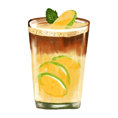 A glass of iced Americano black coffee with lime. Water colour hand drawn illustration. Isolate on white background