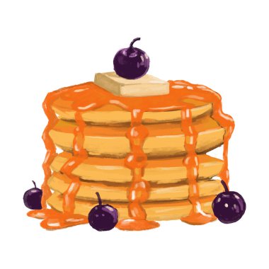 Blueberry pancake.Water colour hand drawn illustration. Isolate on white background