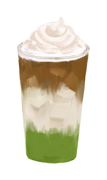 Latte Green Tea Water Colour Hand Drawn Illustration Isolate White — Photo