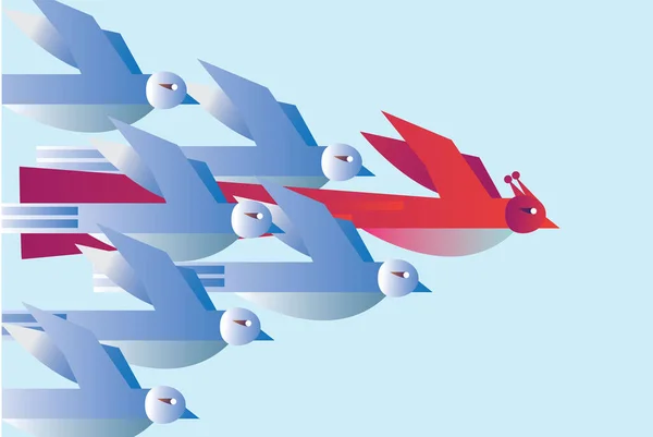 Grupo Pájaros Concepto Liderazgo Competencia Diseño Gráfico Plano Vector Ilustración — Vector de stock