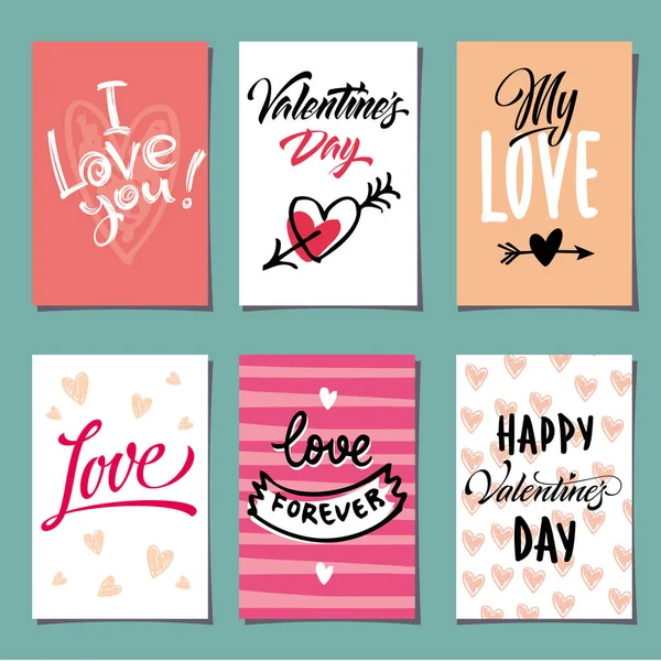 Día San Valentín Set Titulares Caligráficos San Valentín Con Corazones — Vector de stock