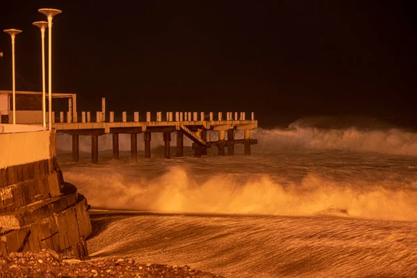 Καταιγίδα Στη Θάλασσα Νύχτα Μεγάλη Έκθεση — Φωτογραφία Αρχείου