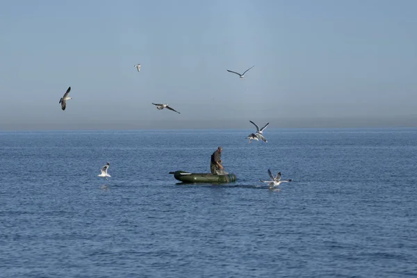 Batumi Georgien December 2021 Fiskare Till Sjöss Kontrollerar Nätet — Stockfoto