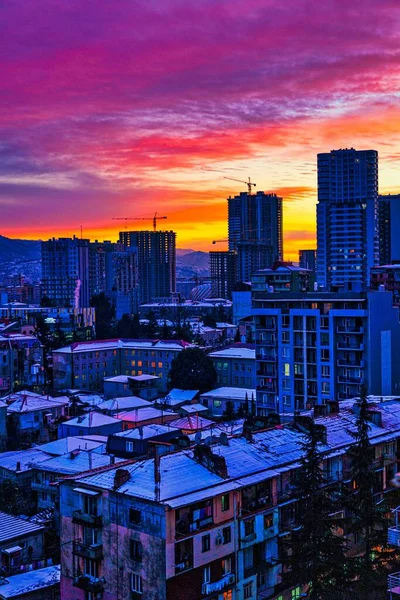 Beautiful Pink Sunset Snowy City — Stock Photo, Image