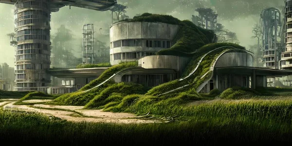 Architecture of the future, a ruined city overgrown with greenery. Concept art, idea for inspiration.