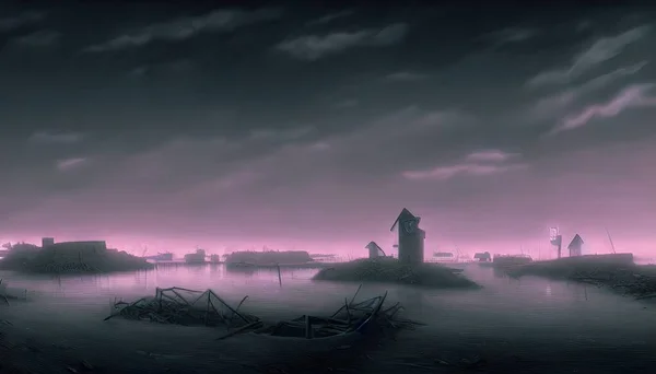 Fishing village, on the edge of the world. Old pier. Illustration for a book, concept art
