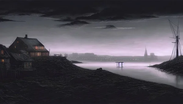 Fishing village, on the edge of the world. Old pier. Illustration for a book, concept art