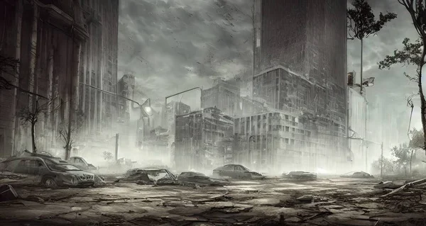 Destroyed city, the consequences of the third world war, the consequences of the war. 3d render, illustration.