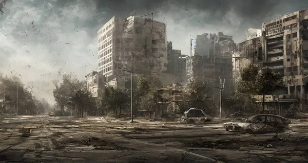 Destroyed city, the consequences of the third world war, the consequences of the war. 3d render, illustration.