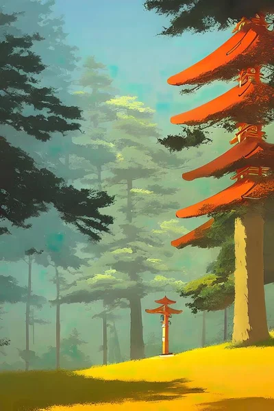 Japanese landscape, illustration. Fairy forest.