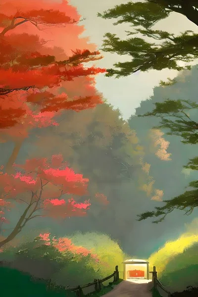 Japanese landscape, illustration. Fairy forest.