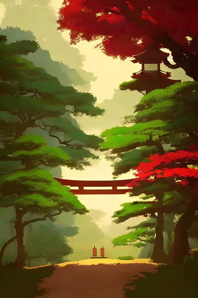Japanese landscape, illustration. Fairy forest.