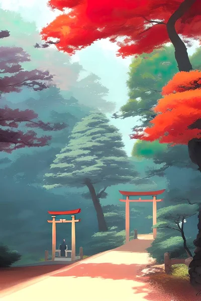 Japanese landscape, illustration. Fairy forest.