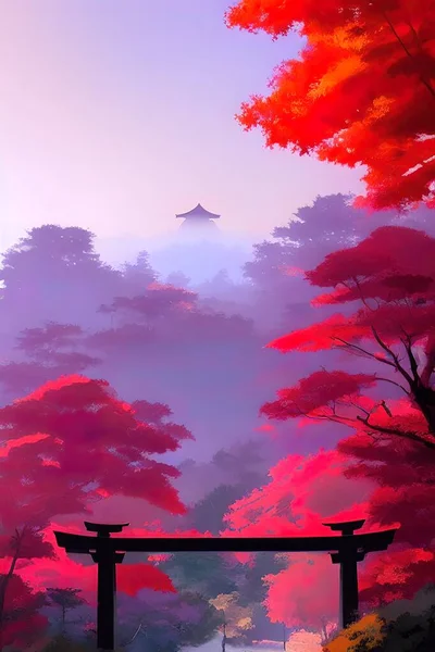 Japanese landscape, illustration. Fairy forest.