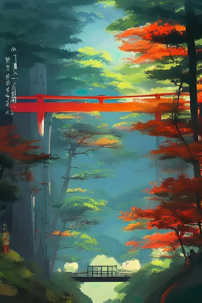 Japanese landscape, illustration. Fairy forest.