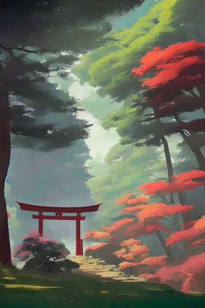 Japanese landscape, illustration. Fairy forest.