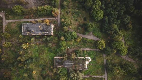 Vista Superior Edificios Abandonados Bosque Hierba Verde Árboles Antigua Arquitectura — Foto de Stock
