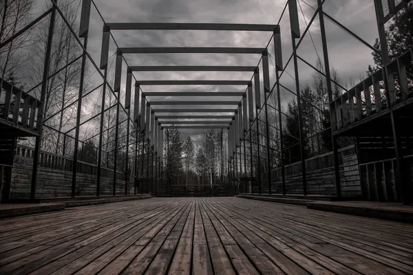Old Abandoned Structure Forest Cloudy Gray Sky Wooden Structure Stands — Stock Photo, Image