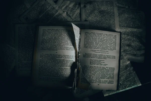 Old Book Torn Page Lies Abandoned Building Gloomy Atmosphere Old — ストック写真