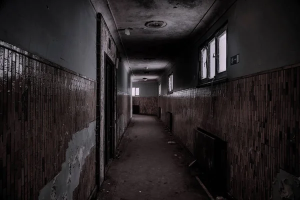 A beautiful dark corridor with windows and doors. An old abandoned house. Light in the windows. Dim corridor. Shabby walls. Scary atmosphere of an abandoned building.