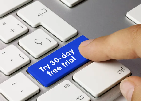 Try Day Free Trial Written Blue Key Metallic Keyboard Finger — Stock Photo, Image