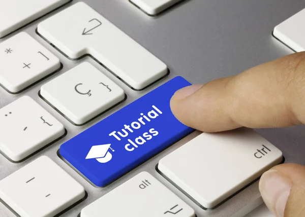 Tutorial Class Written Blue Key Metallic Keyboard Finger Pressing Key — Photo