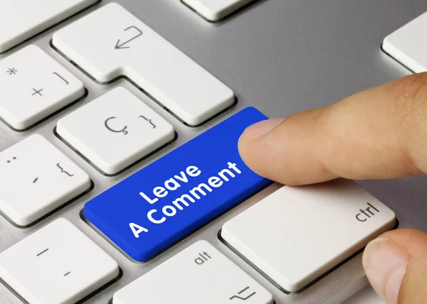 Leave Comment Written Blue Key Metallic Keyboard Finger Pressing Key — Photo
