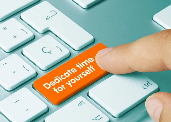 Dedicate Time Yourself Written Orange Key Metallic Keyboard Finger Pressing — Stock Photo, Image