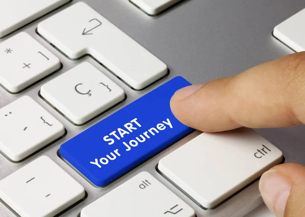 Start Your Journey Written Blue Key Metallic Keyboard Stisknutí Klávesy — Stock fotografie