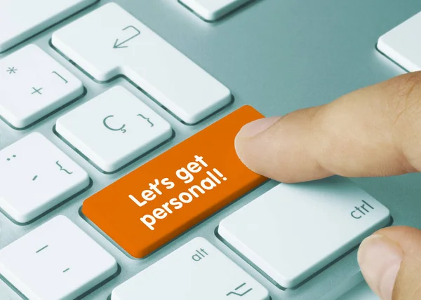 Let Get Personal Written Orange Key Metallic Keyboard Finger Pressing — Stock Photo, Image