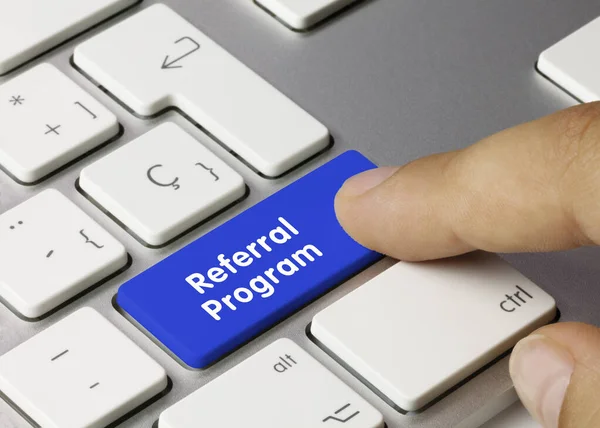 Referral Program Written Blue Key Metallic Keyboard Finger Pressing Key — Stock Photo, Image