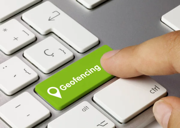 Geofencing Written Green Key Metallic Keyboard Finger Pressing Key — Fotografia de Stock