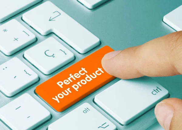 Perfect Your Product Written Orange Key Metallic Keyboard Finger Pressing — Stockfoto