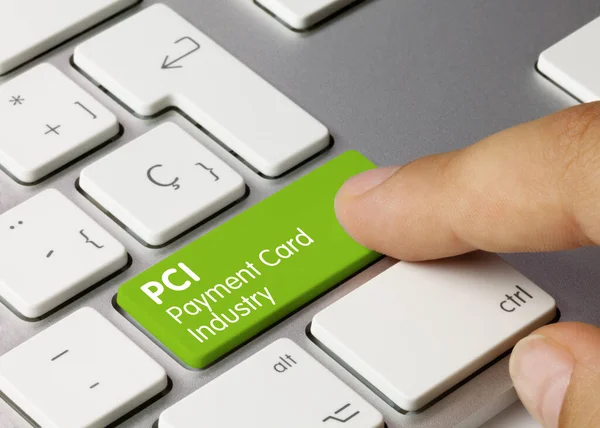 Pci Payment Card Industry Written Green Key Metallic Keyboard Finger — Foto Stock