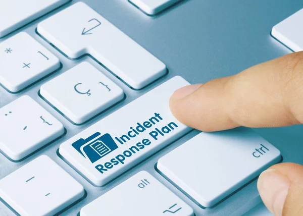 Incident Response Plan Written Blue Key Metallic Keyboard Finger Pressing —  Fotos de Stock