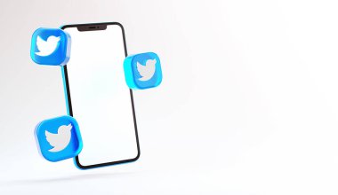 Valencia, İspanya - Ekim 2021: İzole edilmiş twitter simgeleri ve boş bir cep telefonu 3D görüntüleme. Twitter, mikroblog yazma ve mesajları paylaşma için ücretsiz bir sosyal medya ağı uygulaması