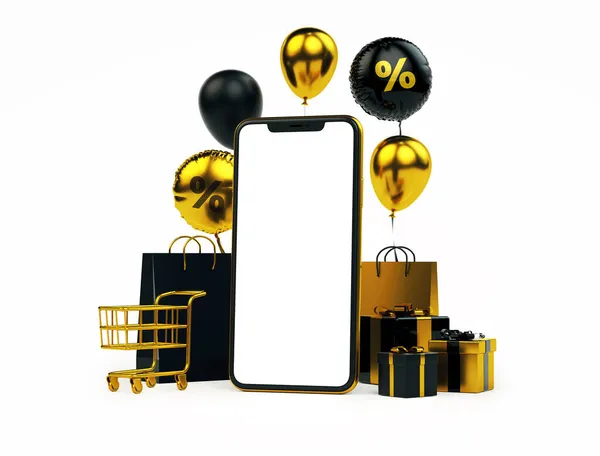 現実的な3Dレンダリングで黄金のものとチラシの背景のためのオンラインショッピング携帯電話のモックアップ空白の画面 特別オファーバナーとブラックフライデーのコンセプト — ストック写真