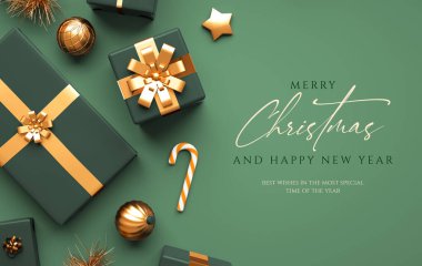 Yeşil zemin üzerinde hediyeler, toplar ve mesajlar olan mutlu noel afişi tasarımı. Xmas ve 3B illüstrasyonda genel görünüm tebrik kartı için mutlu yeni yıl tipi