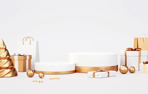 Dois Pódios Natal Com Material Decorativo Branco Dourado Para Apresentação — Fotografia de Stock