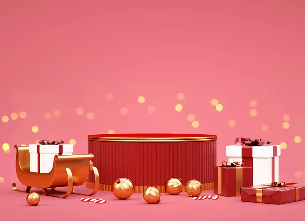 Christmas Red Podium Platform Golden Stuff Red Background Product Display — Stock Photo, Image