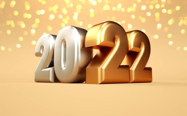 Altın ve gümüş metalik sayılar ve ışıklarla dolu mutlu 2022 yılbaşı afişleri. Poster veya tebrik kartı tasarımı için gerçekçi 3B canlandırma ile tatil illüstrasyonuName