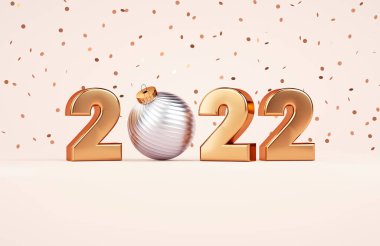 2022. Altın ve gümüş metalik numaralar, Noel balosu ve konfetiyle yeni yıl tebrik kartı geçmişiniz kutlu olsun. Gerçekçi 3D canlandırma ile poster veya el ilanı tasarımı kavramı için tatil çizimi